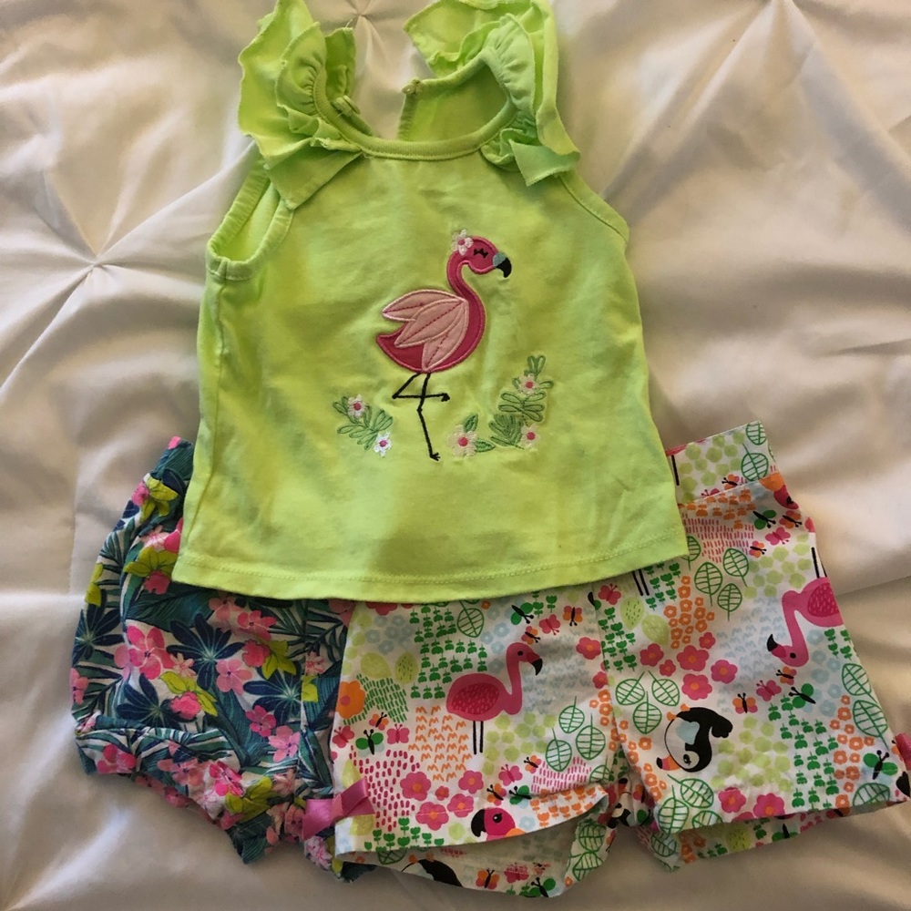 Flamingo top and two pairs shorts - 12m
